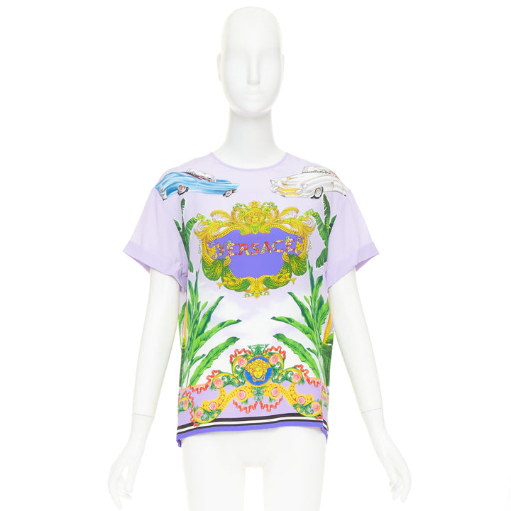 VERSACE Beverly Palm lilac purple silk print short sleeve top IT40 S