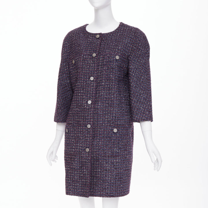 CHANEL 2014 purple metallic CC button four pocket collarless tweed coat FR44