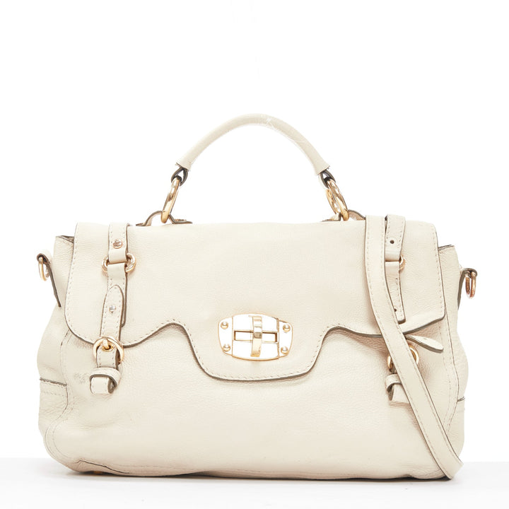 MIU MIU Cervo beige textured leather gold logo turnlock satchel bag