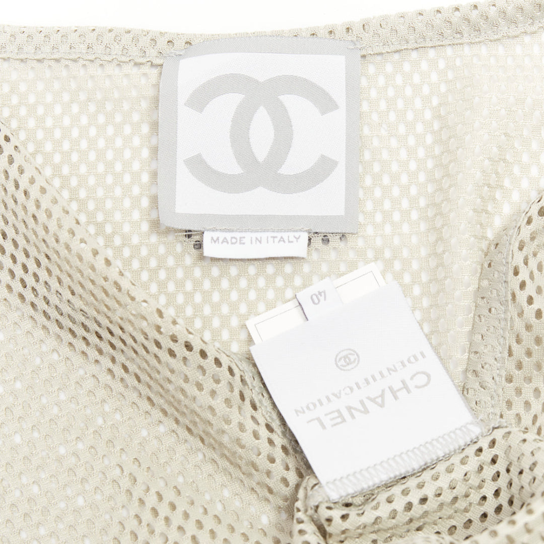 CHANEL SPORTS 03P Vintage grey sheer mesh silver CC logo split neck top FR40 L