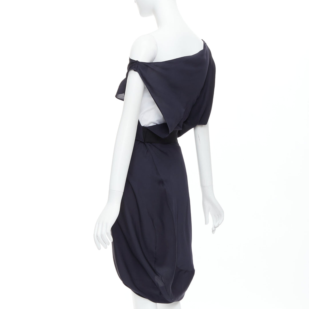 CELINE Vintage 100% silk cotton trim asymmetric layered drape dress FR36 S