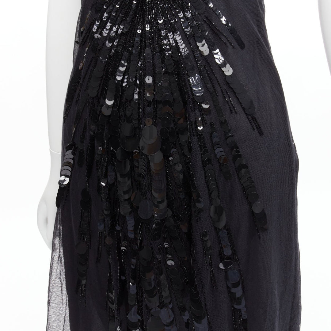 rare VERSACE 2008 black sequins bead embellishment ruffle strap dress IT38 XS