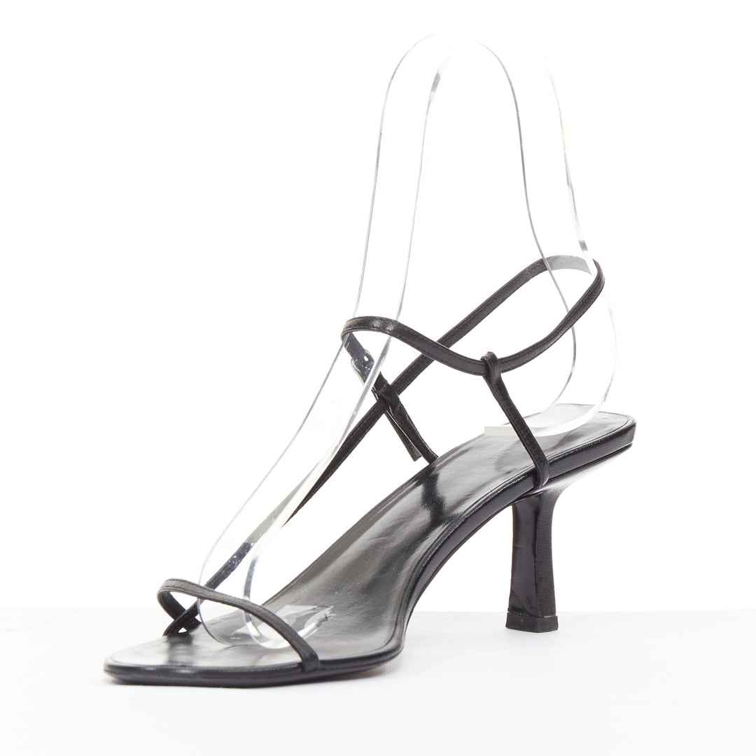 THE ROW Bare black minimalist slim straps silver buckles spool heel sandals EU36