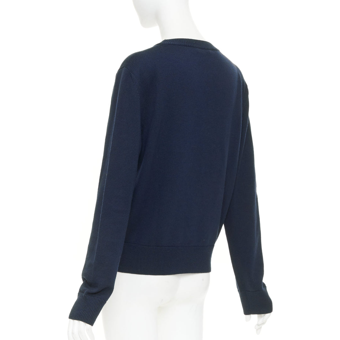 SAINT LAURENT 2017 LouLou Script navy wool cream embroidered crew neck sweater M