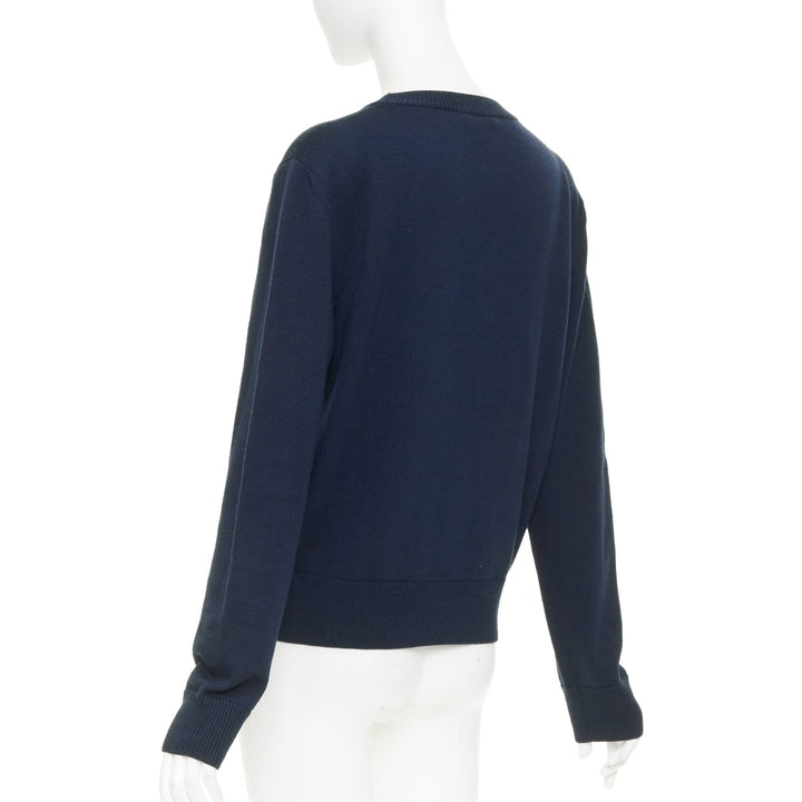 SAINT LAURENT 2017 LouLou Script navy wool cream embroidered crew neck sweater M
