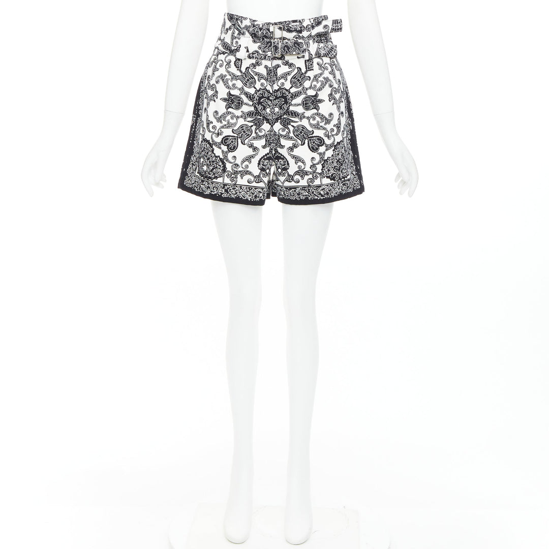 CHRISTIAN DIOR black white cotton handkerchief double belt shorts FR34 XS