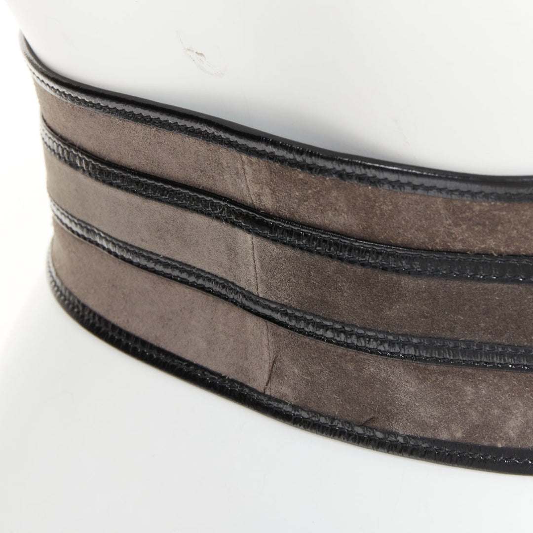 GUCCI Vintage grey suede black trim oval gold buckle wide waist belt 70cm
