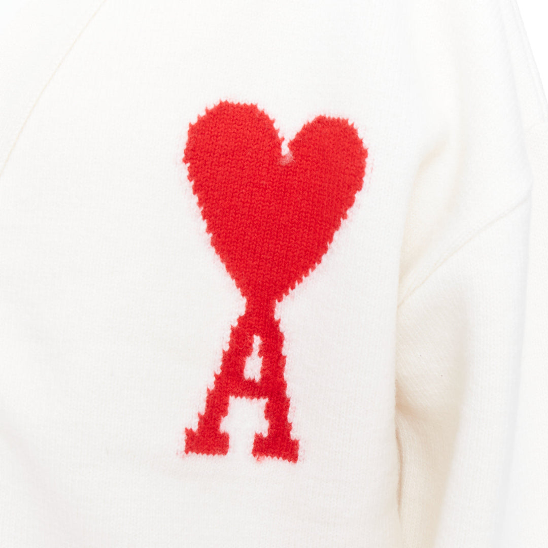 AMI De Coeur cream virgin wool heart logo buttoned cardigan XL