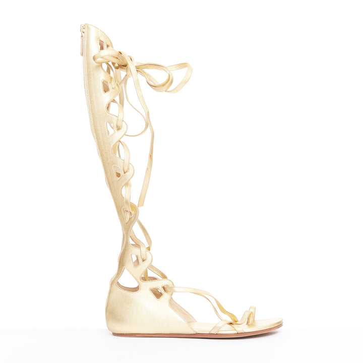 CHANEL 2011 gold leather criss cross calf toe ring gladiator flat sandals