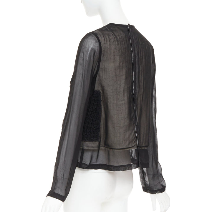 COMME DES GARCONS 2014 black cupra wool trim woven sheer overlay top XS