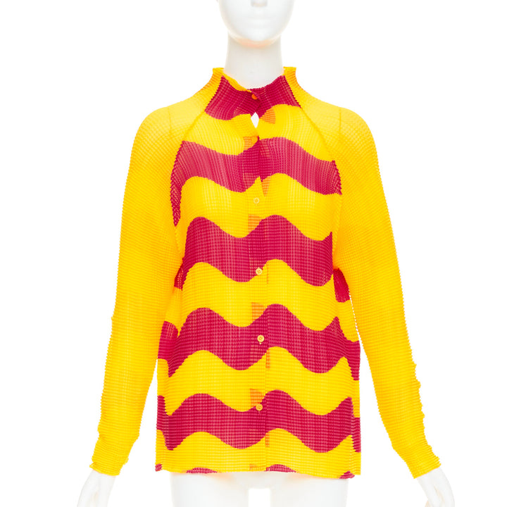 rare ISSEY MIYAKE Pleats Please graphic yellow red wave plisse hi neck top JP2 M