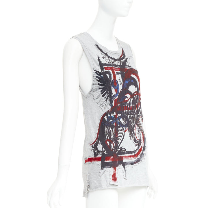 BALMAIN 2011  Christophe Decarnin Punk Graffiti silver pin ripped tank FR38 M