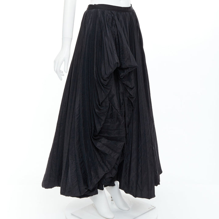 E. STOTT Ellen black pleated taffeta hi low side slit midi skirt UK10 M