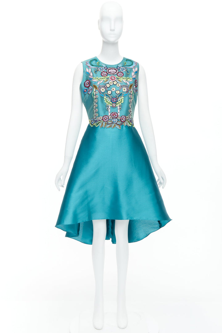 MARCHESA NOTTE Mikado Runway teal blue bead embroidery high low dress US6 M