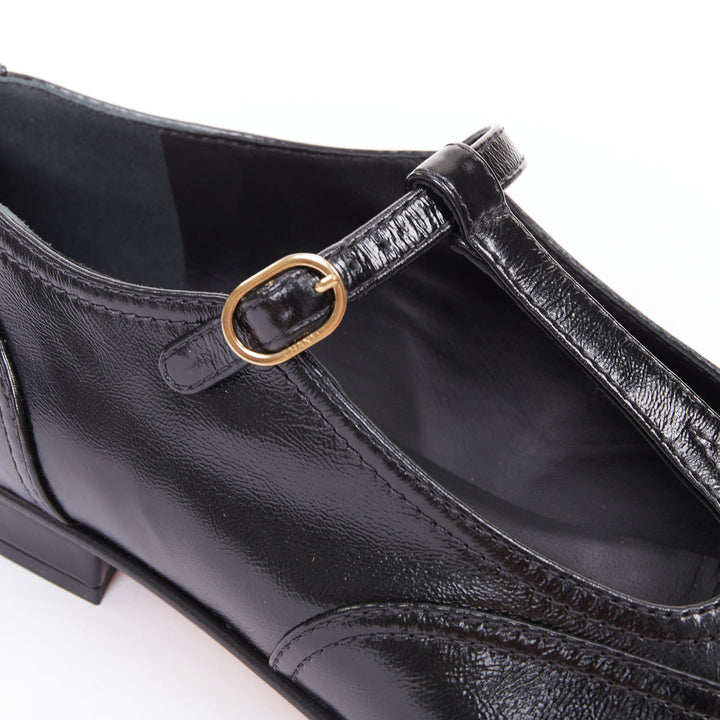 CHANEL 2023 black leather grosgrain CC cap toe T-Strap mary jane flats EU39.5