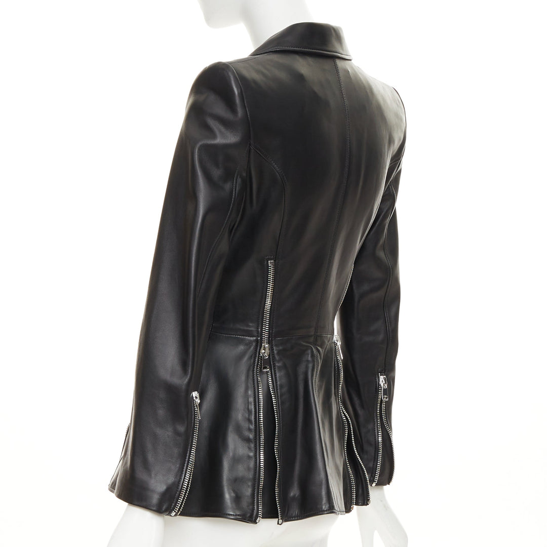 ALEXANDER MCQUEEN 2021 Zip Detail Peplum black lambskin leather blazer IT40 S