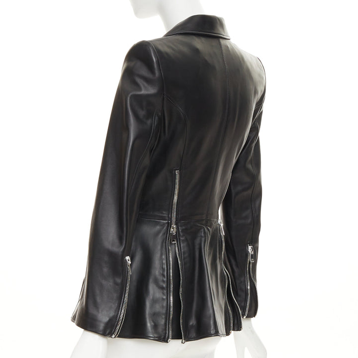 ALEXANDER MCQUEEN 2021 Zip Detail Peplum black lambskin leather blazer IT40 S