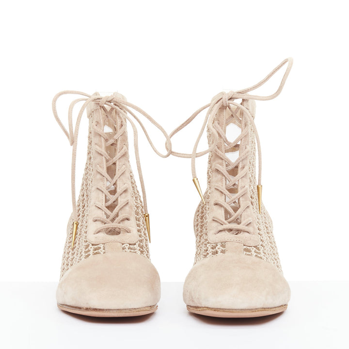 DIOR 2019 Naughtily-D beige suede net mesh lace up block ankle boots EU37.5
