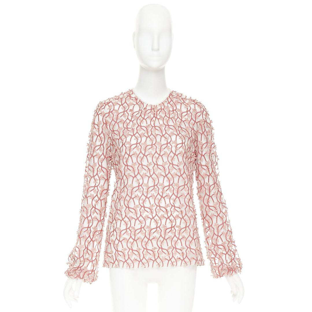 GIAMBATTISTA VALLI pink white petal embroidered treillage sheer top IT40 S