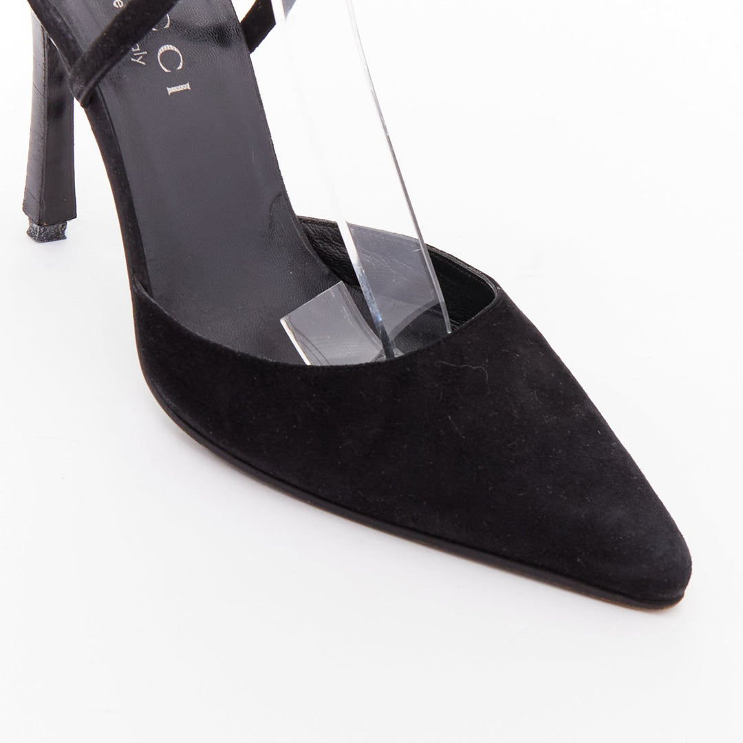 GUCCI Tom Ford Vintage black suede metal ID plate slingback pump EU36