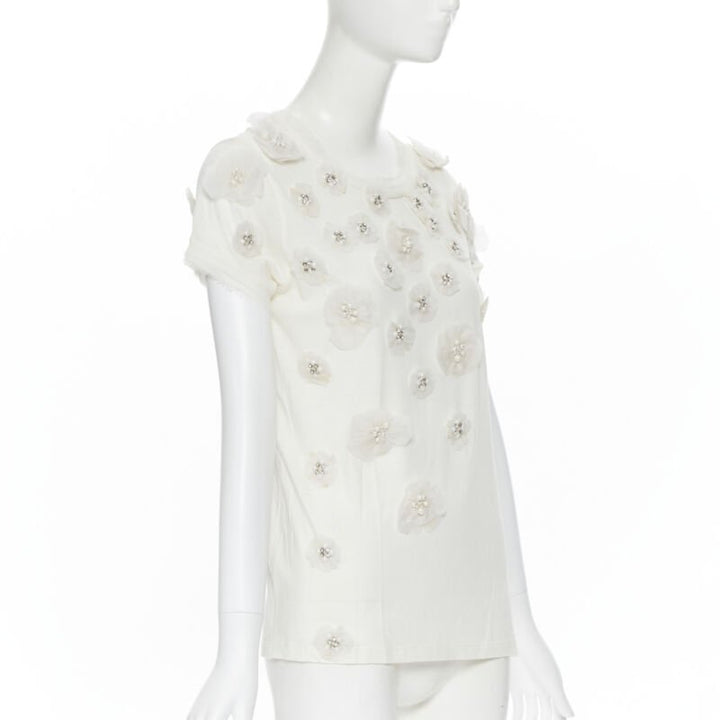 LANVIN ALBER ELBAZ Collection Blanche white silk pearl crystal flower tshirt XS