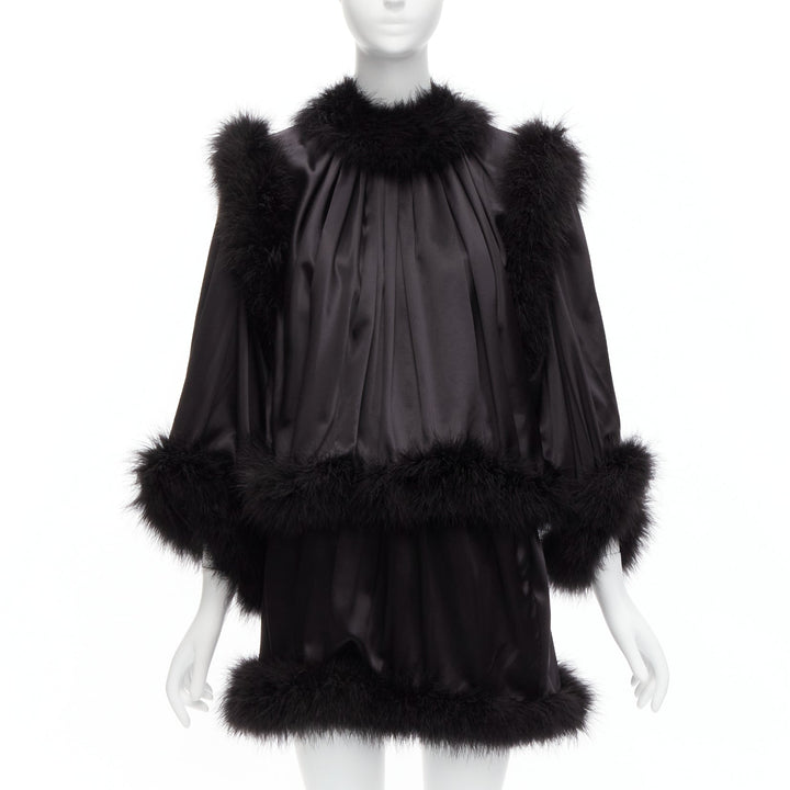 SAINT LAURENT 2021 Runway black feather trim silk wide layered mini dress FR40 L