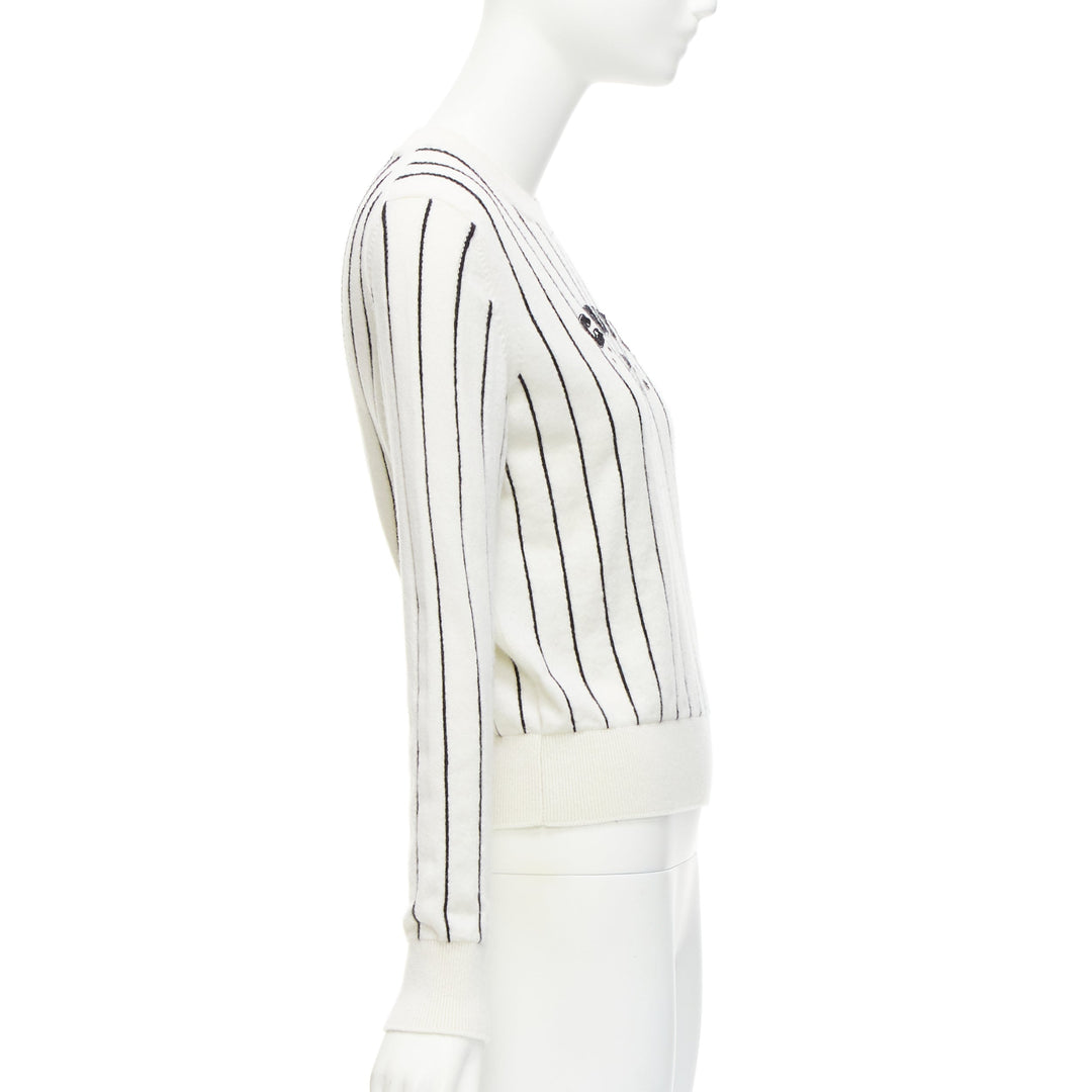 CHANEL 2023 100% cashmere cream black striped logo varsity sweater top FR36 S