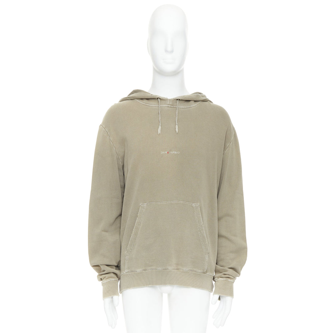 SAINT LAURENT 2018 stone cotton distressed washed logo hoodie S