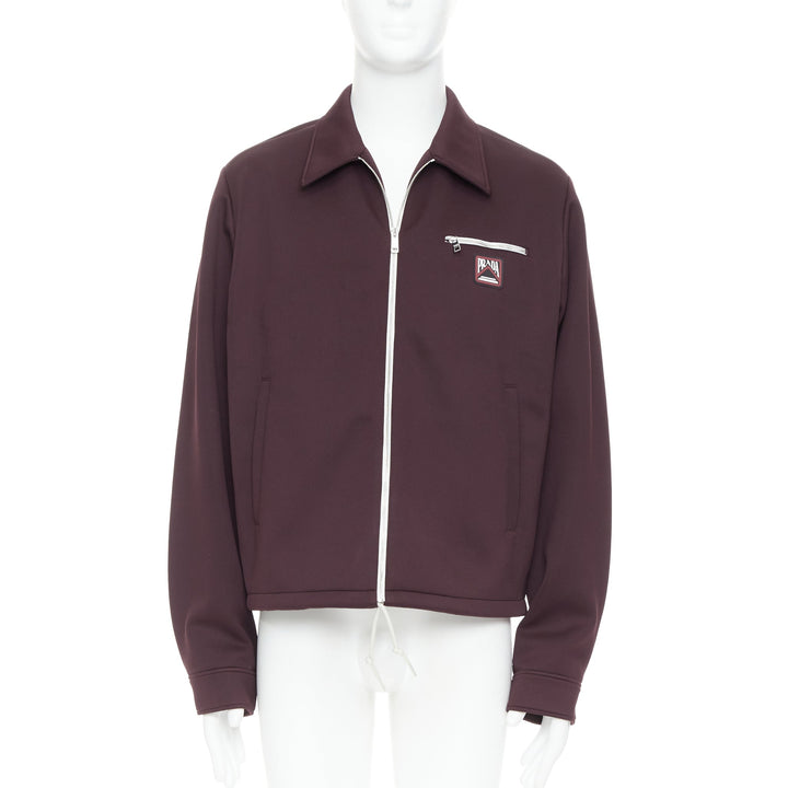 PRADA 2018 burgundy sporty rubber logo zip up collared jacket IT50 L