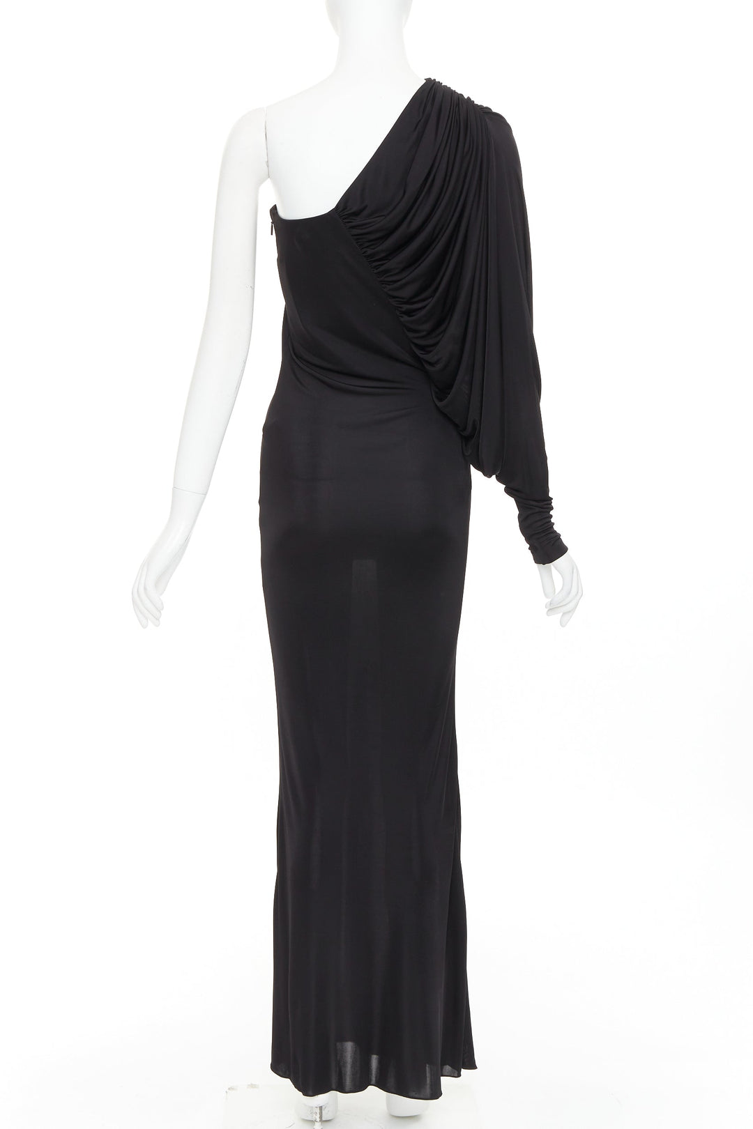 SAINT LAURENT 2023 black shiny viscose jersey ruched one sleeve  gown FR34 XS