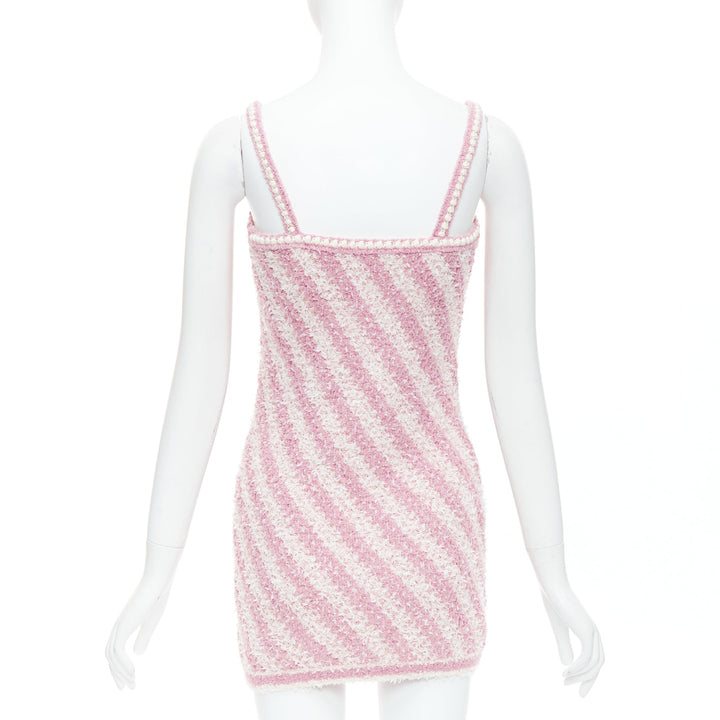 CHANEL 23S pink white cotton blend striped tweed CC mini dress FR34 XS