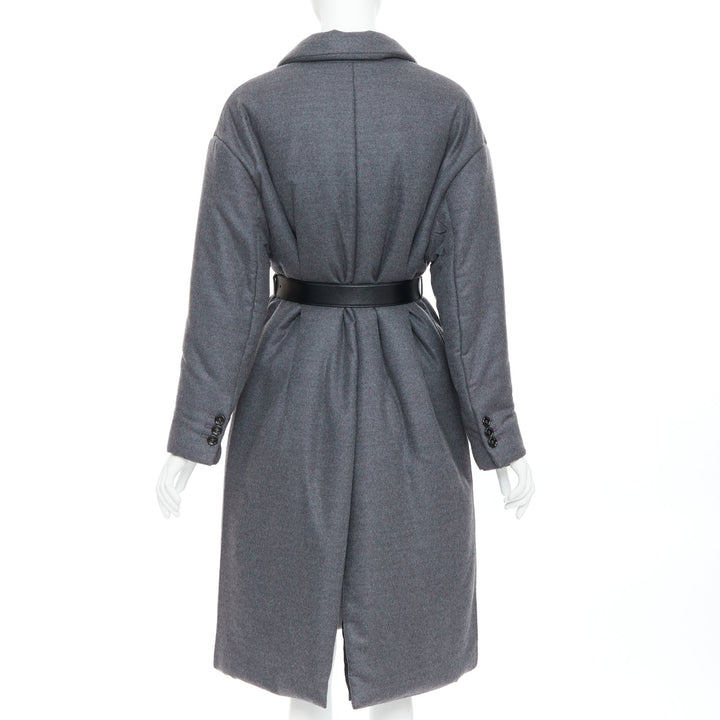PRADA 2022 grey cashmere wool leather logo belt padded coat IT40 S