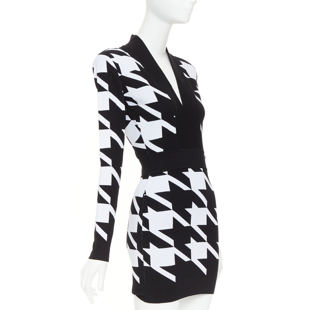BALMAIN Houndstooth Mini black white bold print jacquard padded dress FR36 S