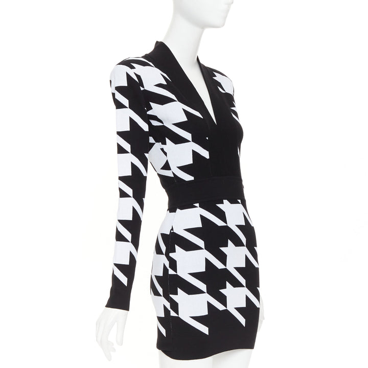 BALMAIN Houndstooth Mini black white bold print jacquard padded dress FR36 S