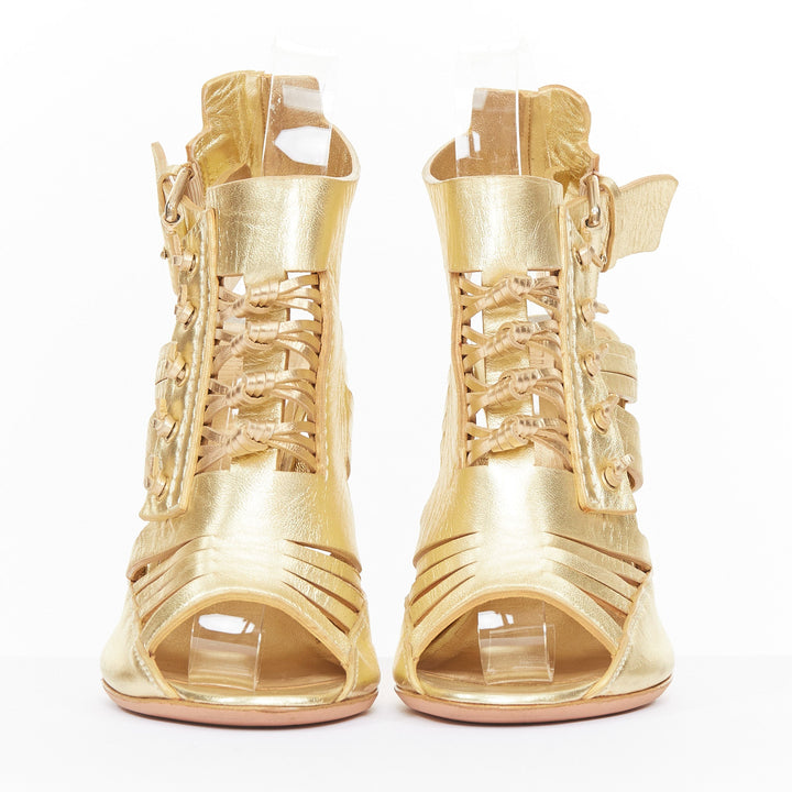 GIVENCHY 2008 Runway metallic gold leather caged gladiator heels EU37