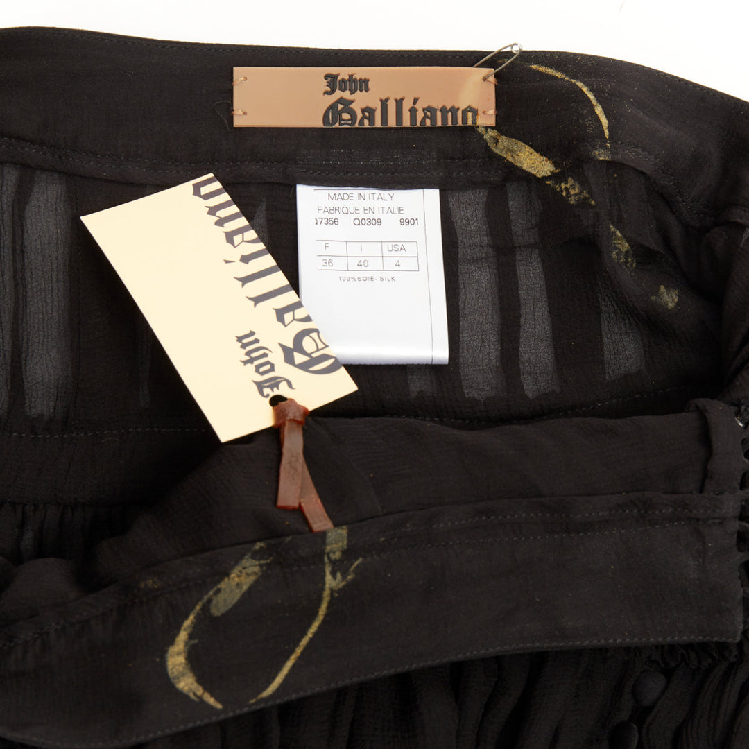 JOHN GALLIANO Gonna black 100% shirred silk laser cut holes prairie skirt FR36 S