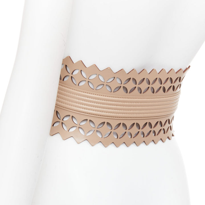 ALAIA  Vienne nude leather laser cut detail cinched corset wide belt 65cm