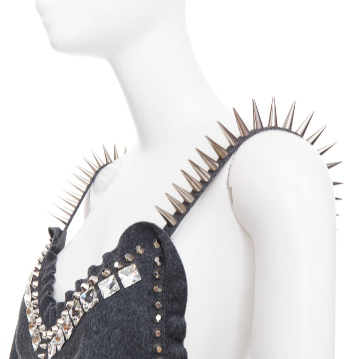 rare MIU MIU 2021 Runway grey wool crystal spikes stud punk slip dress IT38 XS