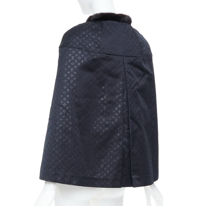 LOUIS VUITTON black silk monogram jacquard mink fur collar cloak cape FR34 XS