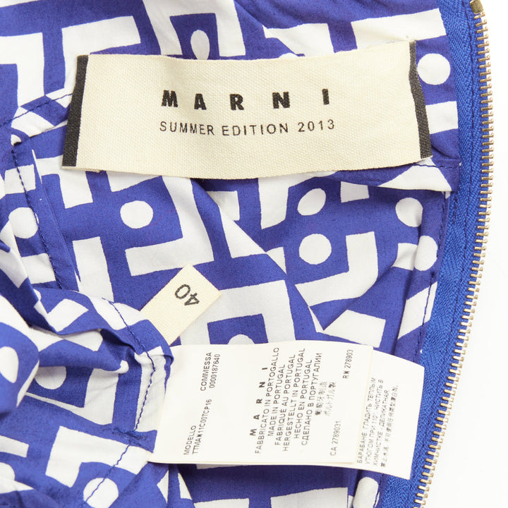 MARNI 2013 blue white cotton geometric print belted peplum V-neck top IT40 S