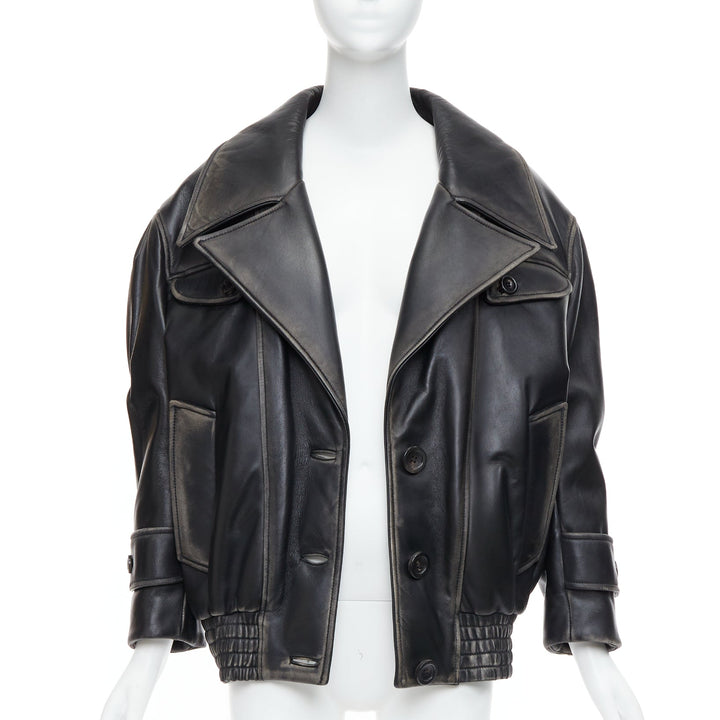 rare MIU MIU Runway 2018 black washed leather oversized boxy jacket IT36 XXS