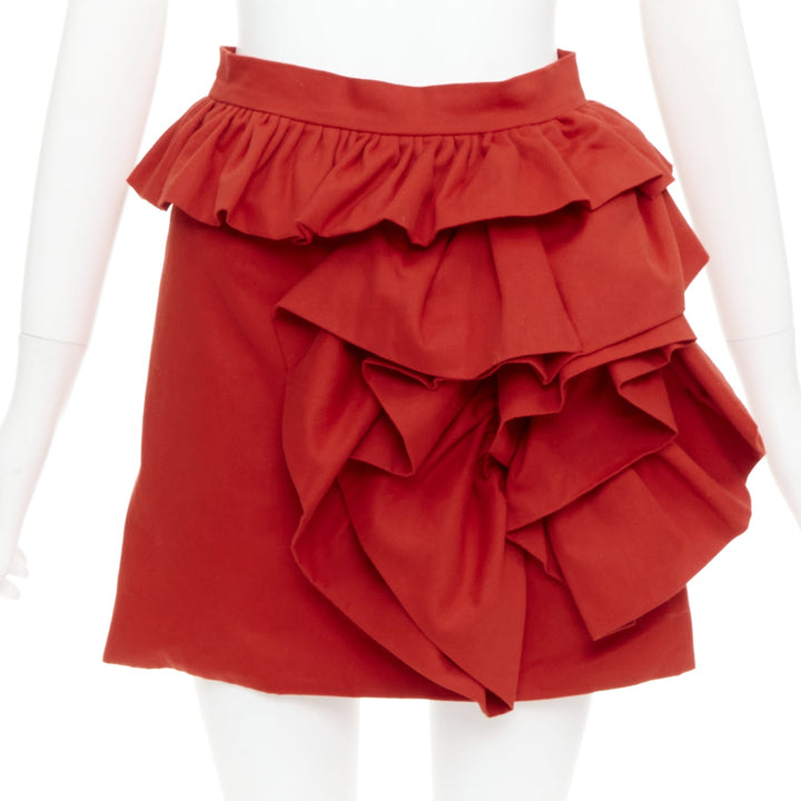 LOU LOU red cotton twill ruffle front high waisted mini skirt XS