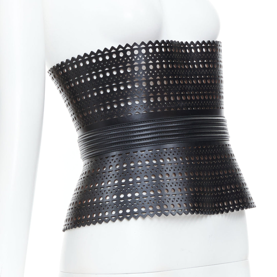 ALAIA Black Vienne openwork laser cut triple buckle leather corset belt 65cm
