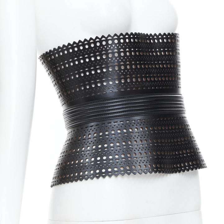ALAIA Black Vienne openwork laser cut triple buckle leather corset belt 65cm