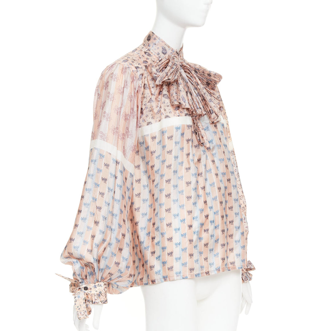 LOUIS VUITTON 2018 Runway 100% silk pink floral stripes pussybow blouse FR36 S