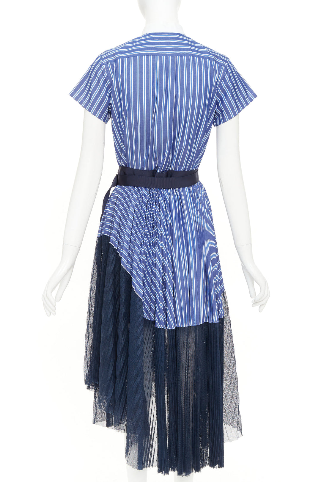 SACAI 2018 blue white navy striped bib front pleated mesh hem hybrid dress JP1 S