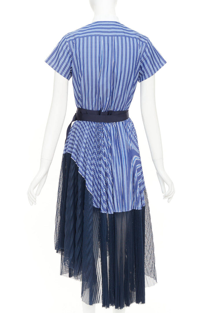 SACAI 2018 blue white navy striped bib front pleated mesh hem hybrid dress JP1 S