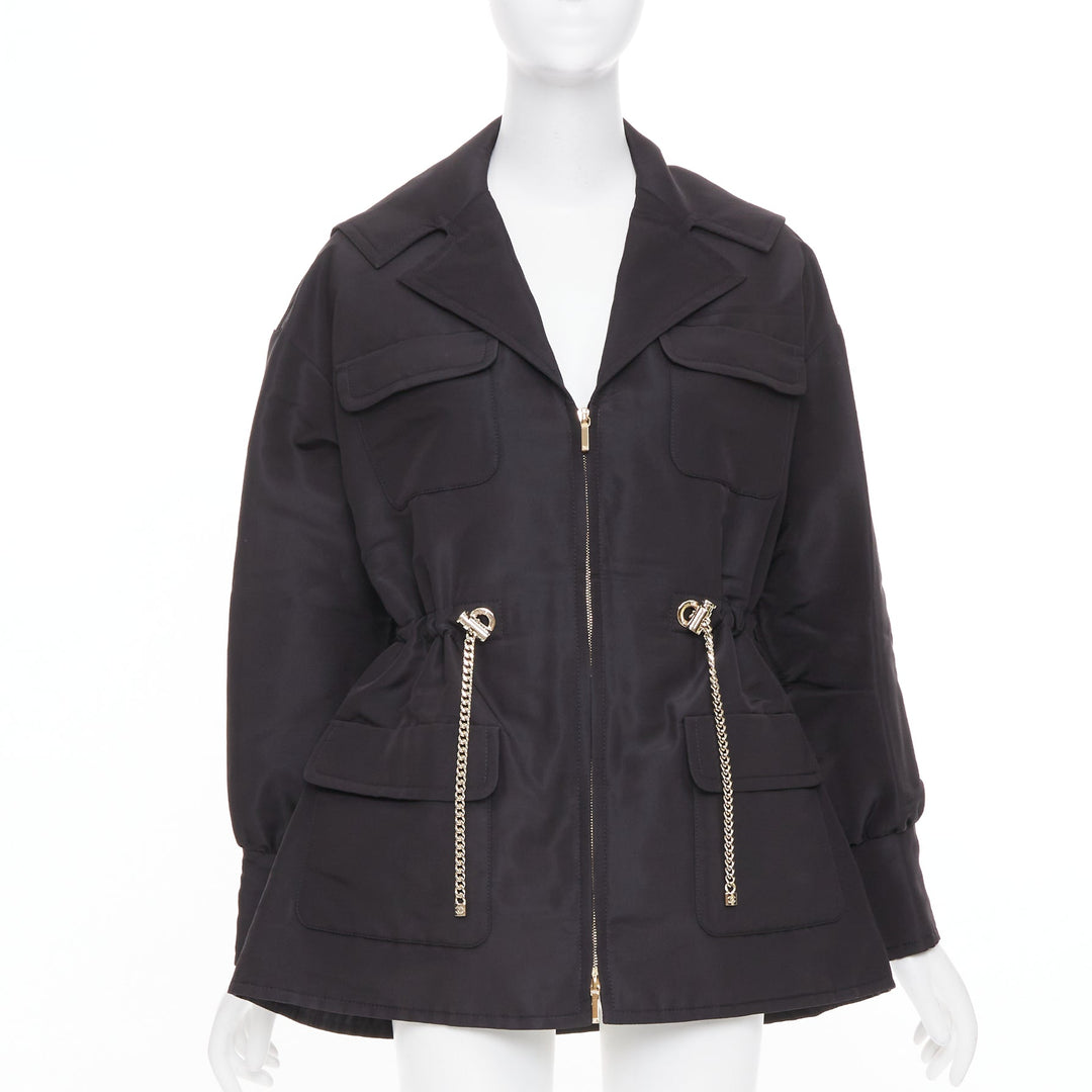 CHANEL 2023 black silk flap pocket gold chain drawstring utility jacket FR34 XS