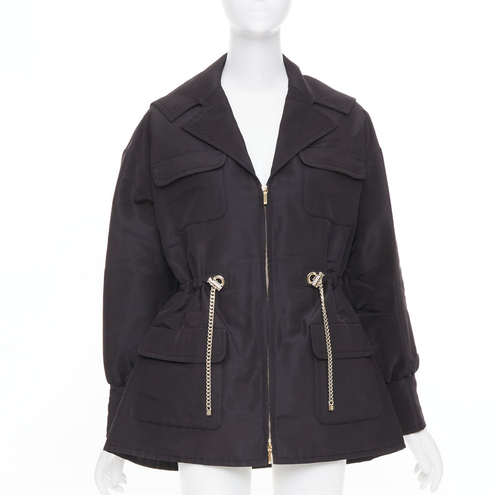 CHANEL 2023 black silk flap pocket gold chain drawstring utility jacket FR34 XS