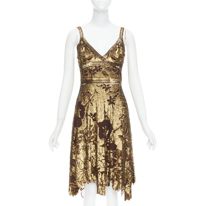WUNDERKIND bronze gold brown 100% silk floral sequin handkerchief dress US2 S
